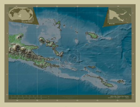Téléchargez les photos : Milne Bay, province of Papua New Guinea. Elevation map colored in wiki style with lakes and rivers. Locations and names of major cities of the region. Corner auxiliary location maps - en image libre de droit