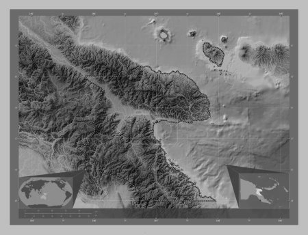 Photo for Morobe, province of Papua New Guinea. Grayscale elevation map with lakes and rivers. Corner auxiliary location maps - Royalty Free Image