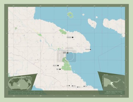 Téléchargez les photos : Morobe, province of Papua New Guinea. Open Street Map. Locations and names of major cities of the region. Corner auxiliary location maps - en image libre de droit