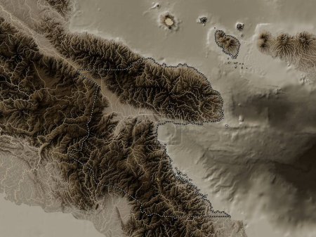 Téléchargez les photos : Morobe, province of Papua New Guinea. Elevation map colored in sepia tones with lakes and rivers - en image libre de droit