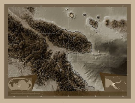 Photo for Morobe, province of Papua New Guinea. Elevation map colored in sepia tones with lakes and rivers. Locations of major cities of the region. Corner auxiliary location maps - Royalty Free Image