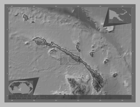 Photo for New Ireland, province of Papua New Guinea. Grayscale elevation map with lakes and rivers. Corner auxiliary location maps - Royalty Free Image