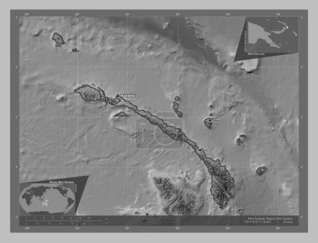 Téléchargez les photos : New Ireland, province of Papua New Guinea. Grayscale elevation map with lakes and rivers. Locations and names of major cities of the region. Corner auxiliary location maps - en image libre de droit