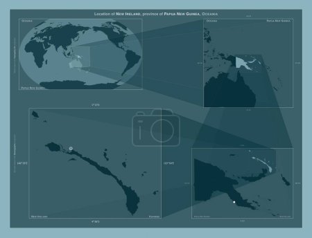 Photo for New Ireland, province of Papua New Guinea. Diagram showing the location of the region on larger-scale maps. Composition of vector frames and PNG shapes on a solid background - Royalty Free Image