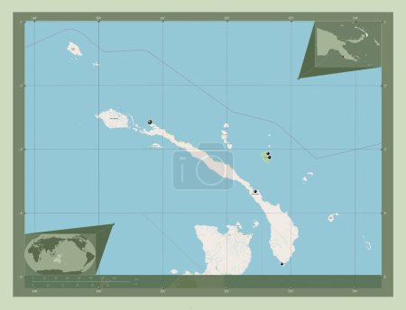 Téléchargez les photos : New Ireland, province of Papua New Guinea. Open Street Map. Locations of major cities of the region. Corner auxiliary location maps - en image libre de droit