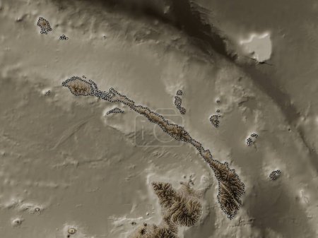 Téléchargez les photos : New Ireland, province of Papua New Guinea. Elevation map colored in sepia tones with lakes and rivers - en image libre de droit