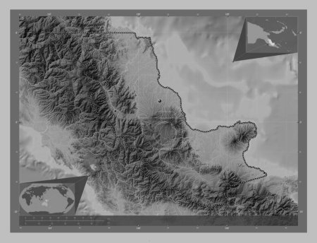 Téléchargez les photos : Oro, province of Papua New Guinea. Grayscale elevation map with lakes and rivers. Locations of major cities of the region. Corner auxiliary location maps - en image libre de droit
