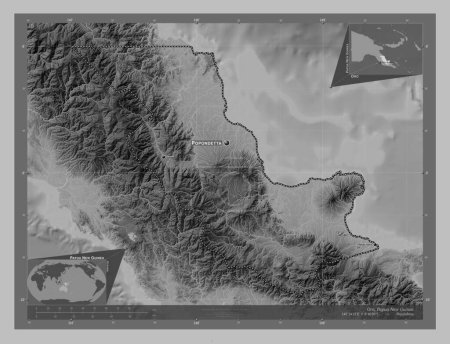 Téléchargez les photos : Oro, province of Papua New Guinea. Grayscale elevation map with lakes and rivers. Locations and names of major cities of the region. Corner auxiliary location maps - en image libre de droit