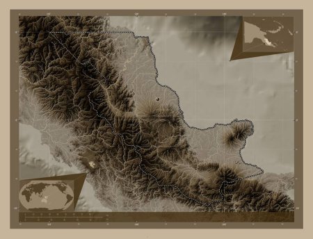 Photo for Oro, province of Papua New Guinea. Elevation map colored in sepia tones with lakes and rivers. Corner auxiliary location maps - Royalty Free Image