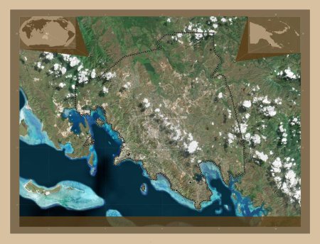 Téléchargez les photos : Port Moresby, district of Papua New Guinea. Low resolution satellite map. Locations of major cities of the region. Corner auxiliary location maps - en image libre de droit