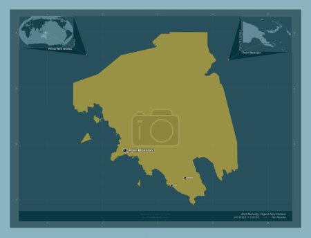 Photo for Port Moresby, district of Papua New Guinea. Solid color shape. Locations and names of major cities of the region. Corner auxiliary location maps - Royalty Free Image