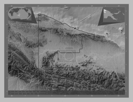 Téléchargez les photos : Sandaun, province of Papua New Guinea. Grayscale elevation map with lakes and rivers. Locations of major cities of the region. Corner auxiliary location maps - en image libre de droit