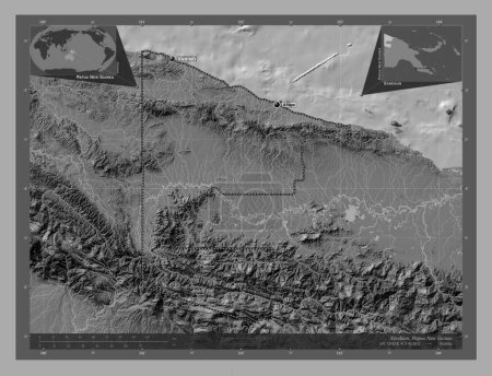 Photo for Sandaun, province of Papua New Guinea. Bilevel elevation map with lakes and rivers. Locations and names of major cities of the region. Corner auxiliary location maps - Royalty Free Image