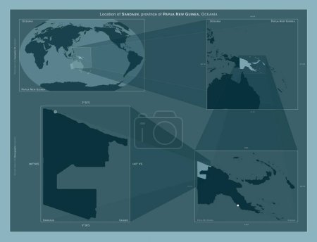 Téléchargez les photos : Sandaun, province of Papua New Guinea. Diagram showing the location of the region on larger-scale maps. Composition of vector frames and PNG shapes on a solid background - en image libre de droit
