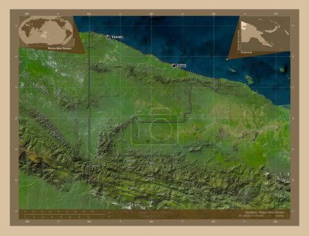 Téléchargez les photos : Sandaun, province of Papua New Guinea. Low resolution satellite map. Locations and names of major cities of the region. Corner auxiliary location maps - en image libre de droit
