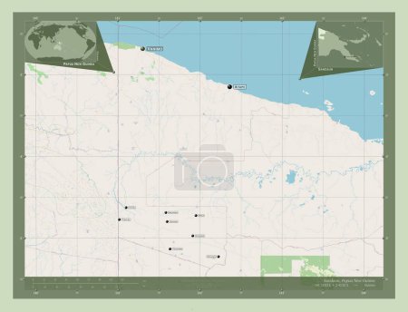 Téléchargez les photos : Sandaun, province of Papua New Guinea. Open Street Map. Locations and names of major cities of the region. Corner auxiliary location maps - en image libre de droit