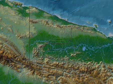 Téléchargez les photos : Sandaun, province of Papua New Guinea. Colored elevation map with lakes and rivers - en image libre de droit