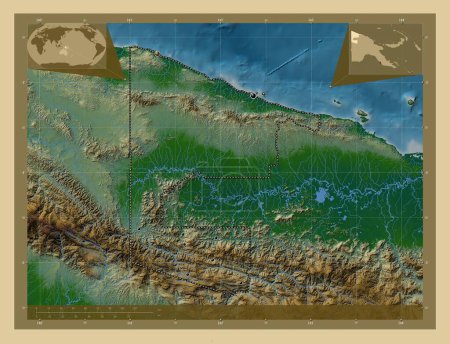Téléchargez les photos : Sandaun, province of Papua New Guinea. Colored elevation map with lakes and rivers. Locations of major cities of the region. Corner auxiliary location maps - en image libre de droit