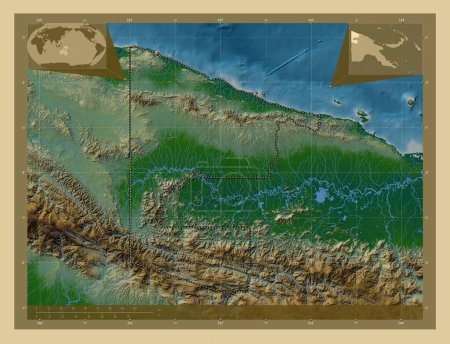 Téléchargez les photos : Sandaun, province of Papua New Guinea. Colored elevation map with lakes and rivers. Corner auxiliary location maps - en image libre de droit