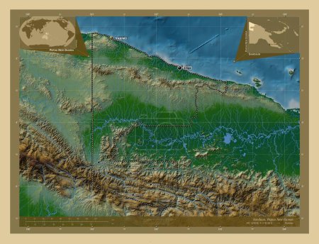 Téléchargez les photos : Sandaun, province of Papua New Guinea. Colored elevation map with lakes and rivers. Locations and names of major cities of the region. Corner auxiliary location maps - en image libre de droit