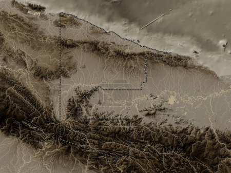 Téléchargez les photos : Sandaun, province of Papua New Guinea. Elevation map colored in sepia tones with lakes and rivers - en image libre de droit