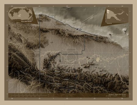 Téléchargez les photos : Sandaun, province of Papua New Guinea. Elevation map colored in sepia tones with lakes and rivers. Locations and names of major cities of the region. Corner auxiliary location maps - en image libre de droit