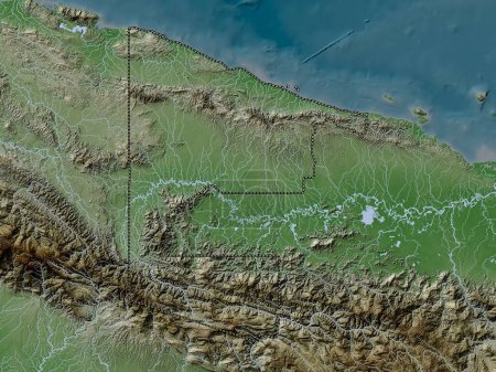 Téléchargez les photos : Sandaun, province of Papua New Guinea. Elevation map colored in wiki style with lakes and rivers - en image libre de droit