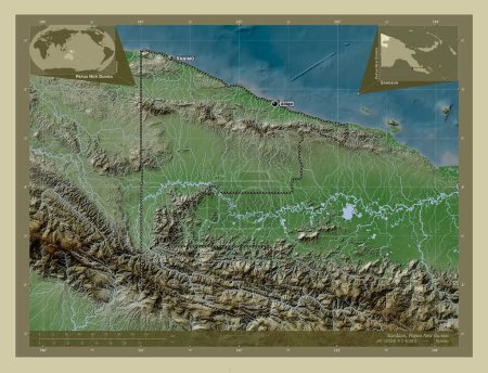 Photo for Sandaun, province of Papua New Guinea. Elevation map colored in wiki style with lakes and rivers. Locations and names of major cities of the region. Corner auxiliary location maps - Royalty Free Image