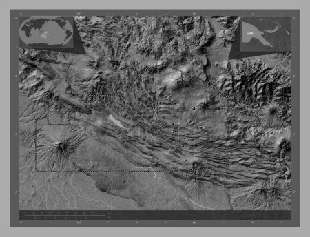Téléchargez les photos : Southern Highlands, province of Papua New Guinea. Bilevel elevation map with lakes and rivers. Locations of major cities of the region. Corner auxiliary location maps - en image libre de droit