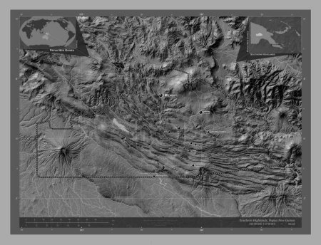 Photo for Southern Highlands, province of Papua New Guinea. Bilevel elevation map with lakes and rivers. Locations and names of major cities of the region. Corner auxiliary location maps - Royalty Free Image