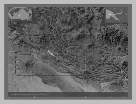Téléchargez les photos : Southern Highlands, province of Papua New Guinea. Grayscale elevation map with lakes and rivers. Corner auxiliary location maps - en image libre de droit