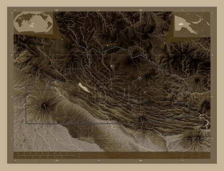 Téléchargez les photos : Southern Highlands, province of Papua New Guinea. Elevation map colored in sepia tones with lakes and rivers. Locations of major cities of the region. Corner auxiliary location maps - en image libre de droit