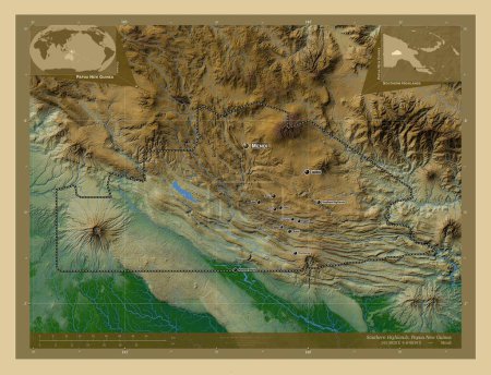 Photo for Southern Highlands, province of Papua New Guinea. Colored elevation map with lakes and rivers. Locations and names of major cities of the region. Corner auxiliary location maps - Royalty Free Image