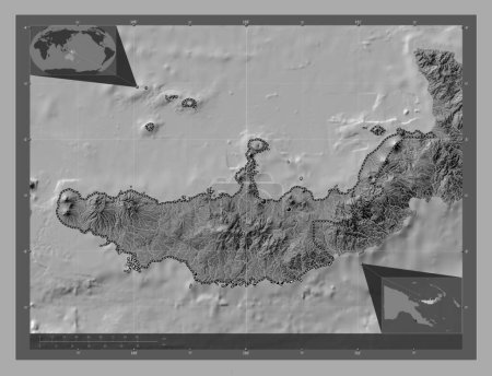 Téléchargez les photos : West New Britain, province of Papua New Guinea. Bilevel elevation map with lakes and rivers. Locations of major cities of the region. Corner auxiliary location maps - en image libre de droit