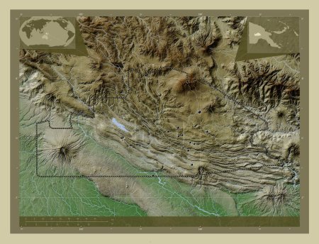 Photo for Southern Highlands, province of Papua New Guinea. Elevation map colored in wiki style with lakes and rivers. Locations of major cities of the region. Corner auxiliary location maps - Royalty Free Image