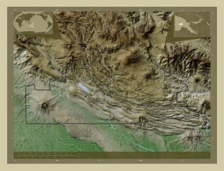 Téléchargez les photos : Southern Highlands, province of Papua New Guinea. Elevation map colored in wiki style with lakes and rivers. Corner auxiliary location maps - en image libre de droit