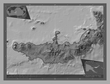 Téléchargez les photos : West New Britain, province of Papua New Guinea. Bilevel elevation map with lakes and rivers. Locations and names of major cities of the region. Corner auxiliary location maps - en image libre de droit