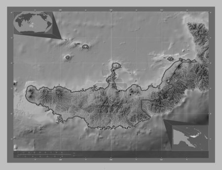 Téléchargez les photos : West New Britain, province of Papua New Guinea. Grayscale elevation map with lakes and rivers. Locations of major cities of the region. Corner auxiliary location maps - en image libre de droit