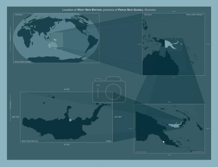 Téléchargez les photos : West New Britain, province of Papua New Guinea. Diagram showing the location of the region on larger-scale maps. Composition of vector frames and PNG shapes on a solid background - en image libre de droit