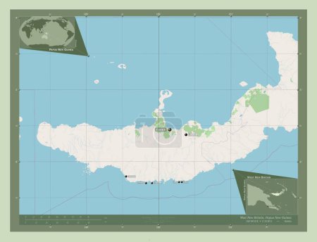 Téléchargez les photos : West New Britain, province of Papua New Guinea. Open Street Map. Locations and names of major cities of the region. Corner auxiliary location maps - en image libre de droit