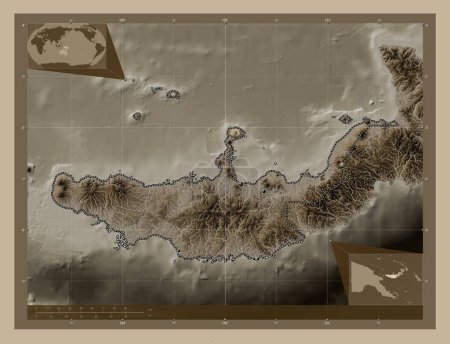 Téléchargez les photos : West New Britain, province of Papua New Guinea. Elevation map colored in sepia tones with lakes and rivers. Locations of major cities of the region. Corner auxiliary location maps - en image libre de droit