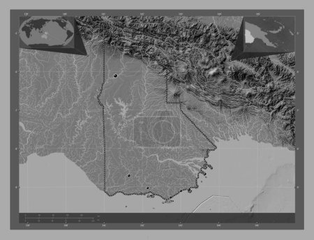 Photo for Western Province, province of Papua New Guinea. Bilevel elevation map with lakes and rivers. Locations of major cities of the region. Corner auxiliary location maps - Royalty Free Image