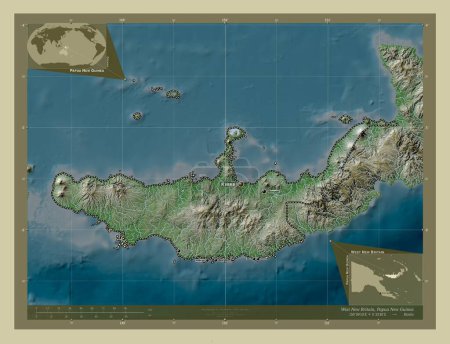 Photo for West New Britain, province of Papua New Guinea. Elevation map colored in wiki style with lakes and rivers. Locations and names of major cities of the region. Corner auxiliary location maps - Royalty Free Image