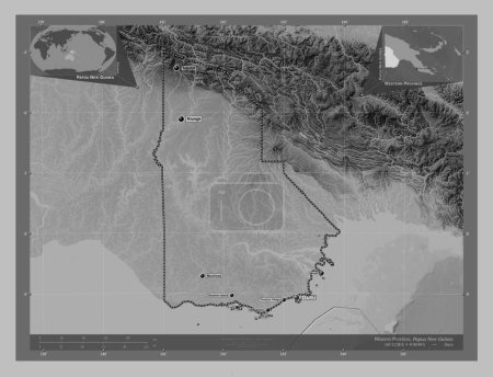 Téléchargez les photos : Western Province, province of Papua New Guinea. Grayscale elevation map with lakes and rivers. Locations and names of major cities of the region. Corner auxiliary location maps - en image libre de droit