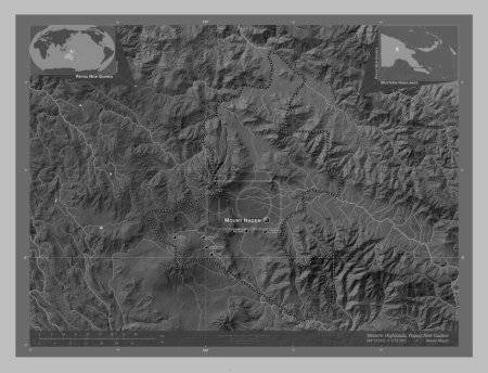 Photo for Western Highlands, province of Papua New Guinea. Grayscale elevation map with lakes and rivers. Locations and names of major cities of the region. Corner auxiliary location maps - Royalty Free Image