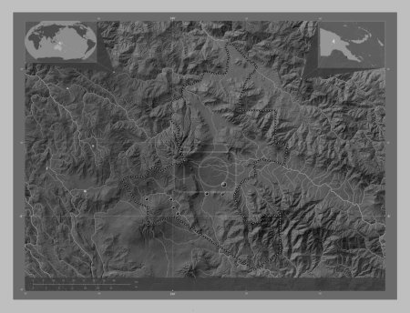 Foto de Western Highlands, province of Papua New Guinea. Grayscale elevation map with lakes and rivers. Locations of major cities of the region. Corner auxiliary location maps - Imagen libre de derechos
