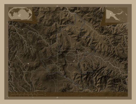 Photo for Western Highlands, province of Papua New Guinea. Elevation map colored in sepia tones with lakes and rivers. Corner auxiliary location maps - Royalty Free Image