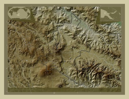 Photo for Western Highlands, province of Papua New Guinea. Elevation map colored in wiki style with lakes and rivers. Locations of major cities of the region. Corner auxiliary location maps - Royalty Free Image