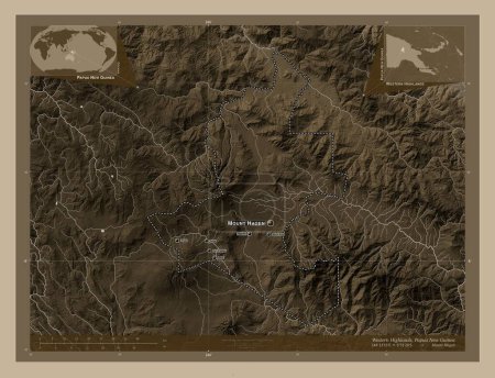 Photo for Western Highlands, province of Papua New Guinea. Elevation map colored in sepia tones with lakes and rivers. Locations and names of major cities of the region. Corner auxiliary location maps - Royalty Free Image