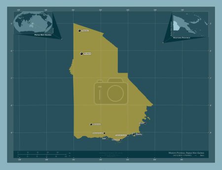 Photo for Western Province, province of Papua New Guinea. Solid color shape. Locations and names of major cities of the region. Corner auxiliary location maps - Royalty Free Image